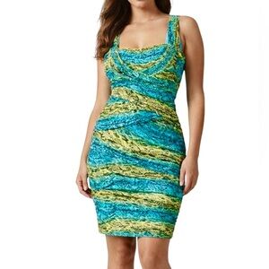 BCBGMAXAZRIA Turquoise and Lime Mini Dress, cocktail, party, lined, sz Medium